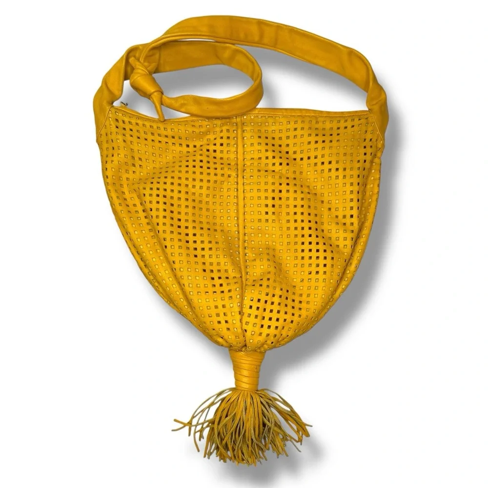 Vintage Retro 1980s‎ Brio! Leather Bag Slouchy Hobo Woven Balloon Purse Yellow